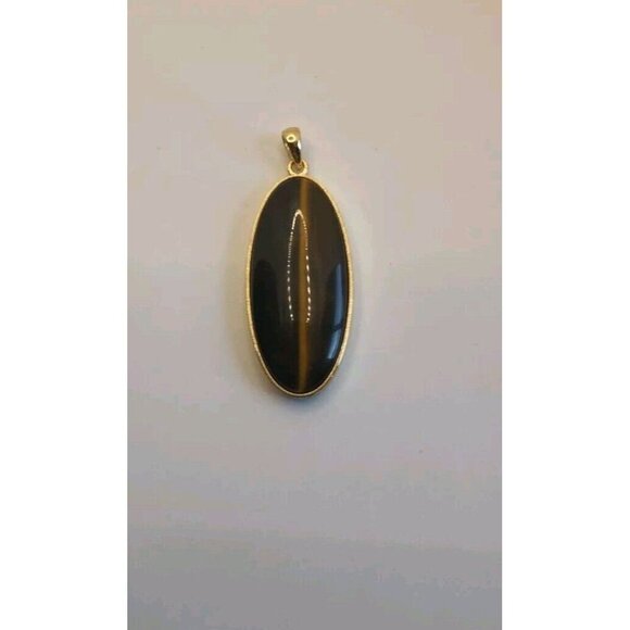 Tiger’s Eye Natural Stone Pendant Handmade Oval Shiny Gold Tone Setting - Picture 5 of 12